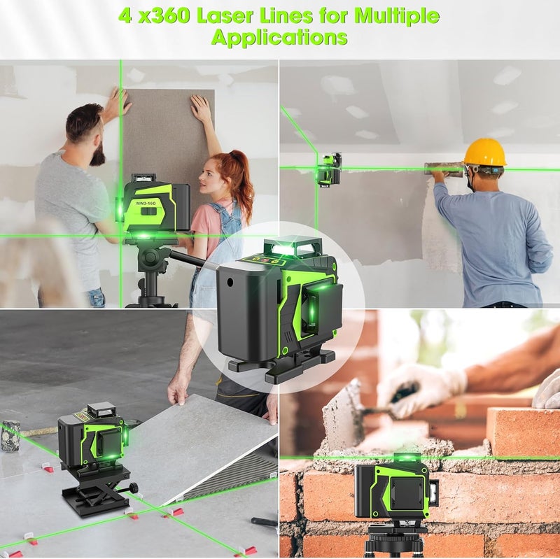 MBYULO 16 Line Laser Level 360 Self Leveling, 4x360°Professional 4D Green Cross Line laser Level with 2 Batteries, Adjustable Brightness & Remote Control, for Tiling Floor Construction and Picture Hanging - Image 5